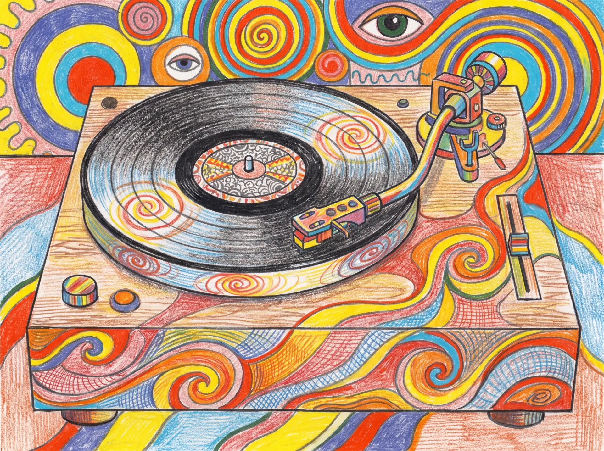 Coloured pencil illustration of a turntable with a spinning record