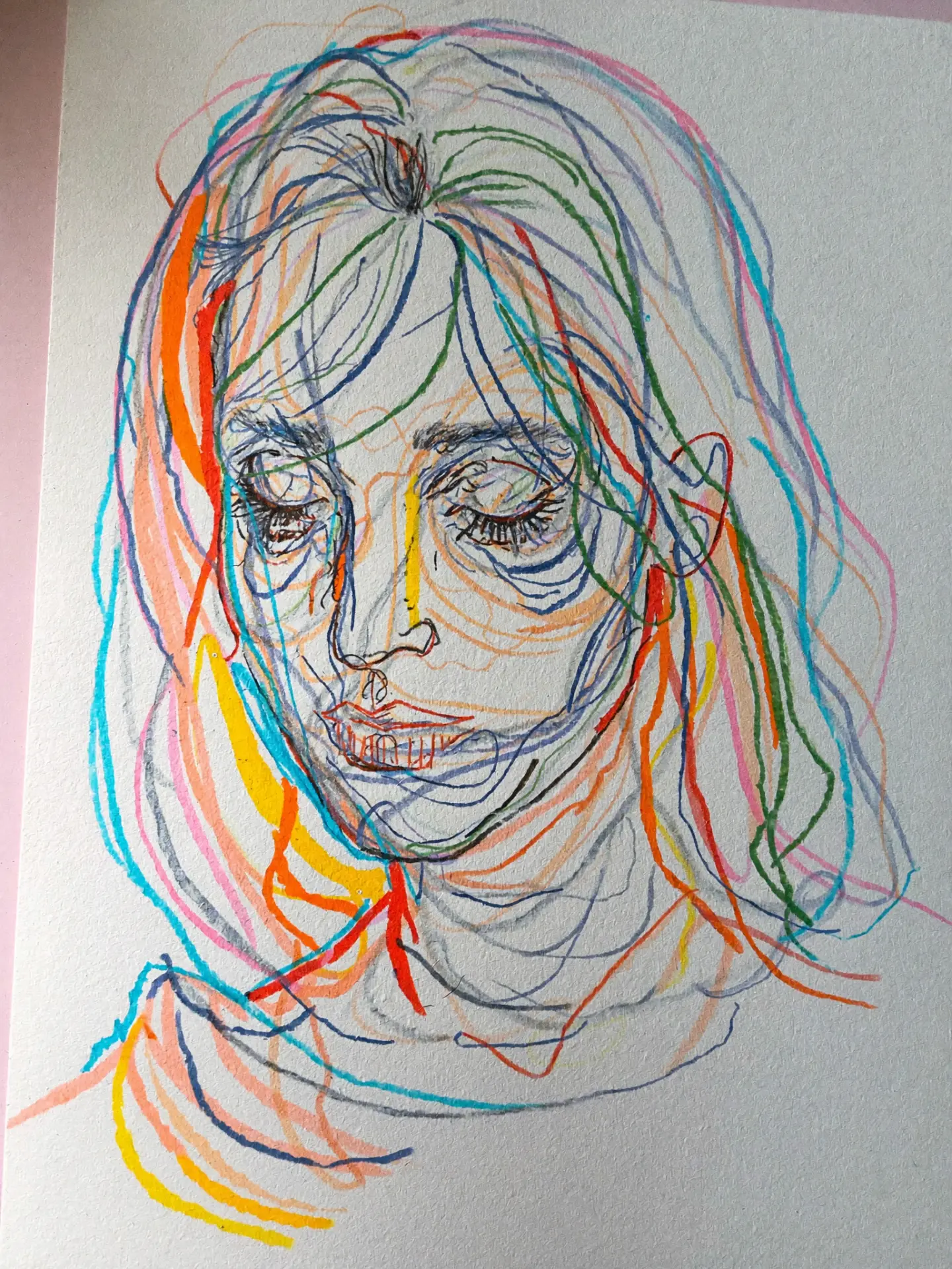Oil pastel portrait of Ida, 29, a Grove & Grain regular who listens to Ambient Wire