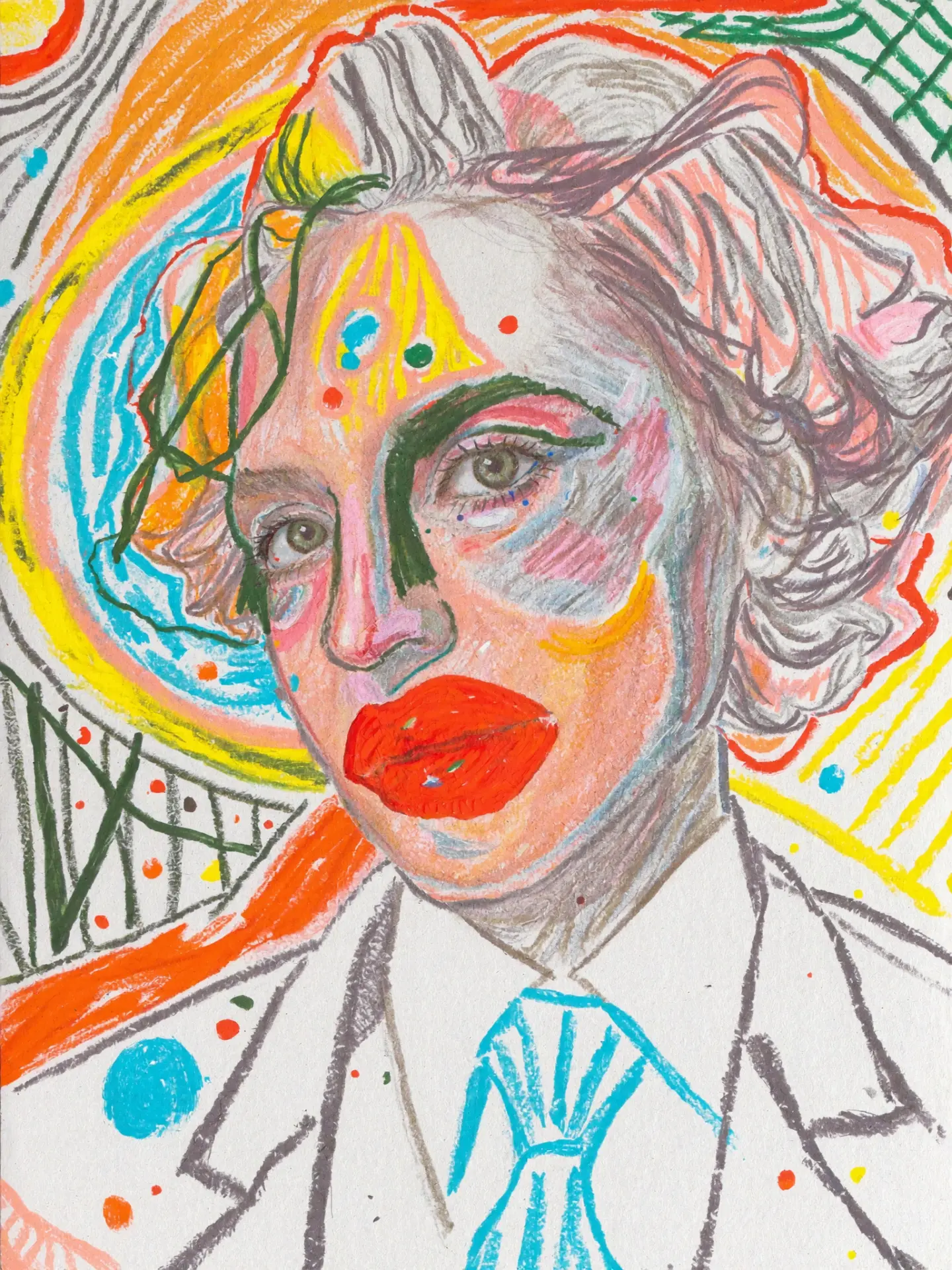 Oil pastel portrait of Margot, 71, a Grove & Grain regular who listens to Chanson Noir