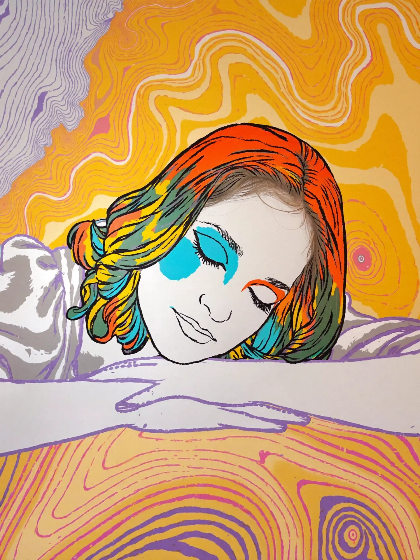 Illustrated portrait of a listener in the Grove & Grain listening room