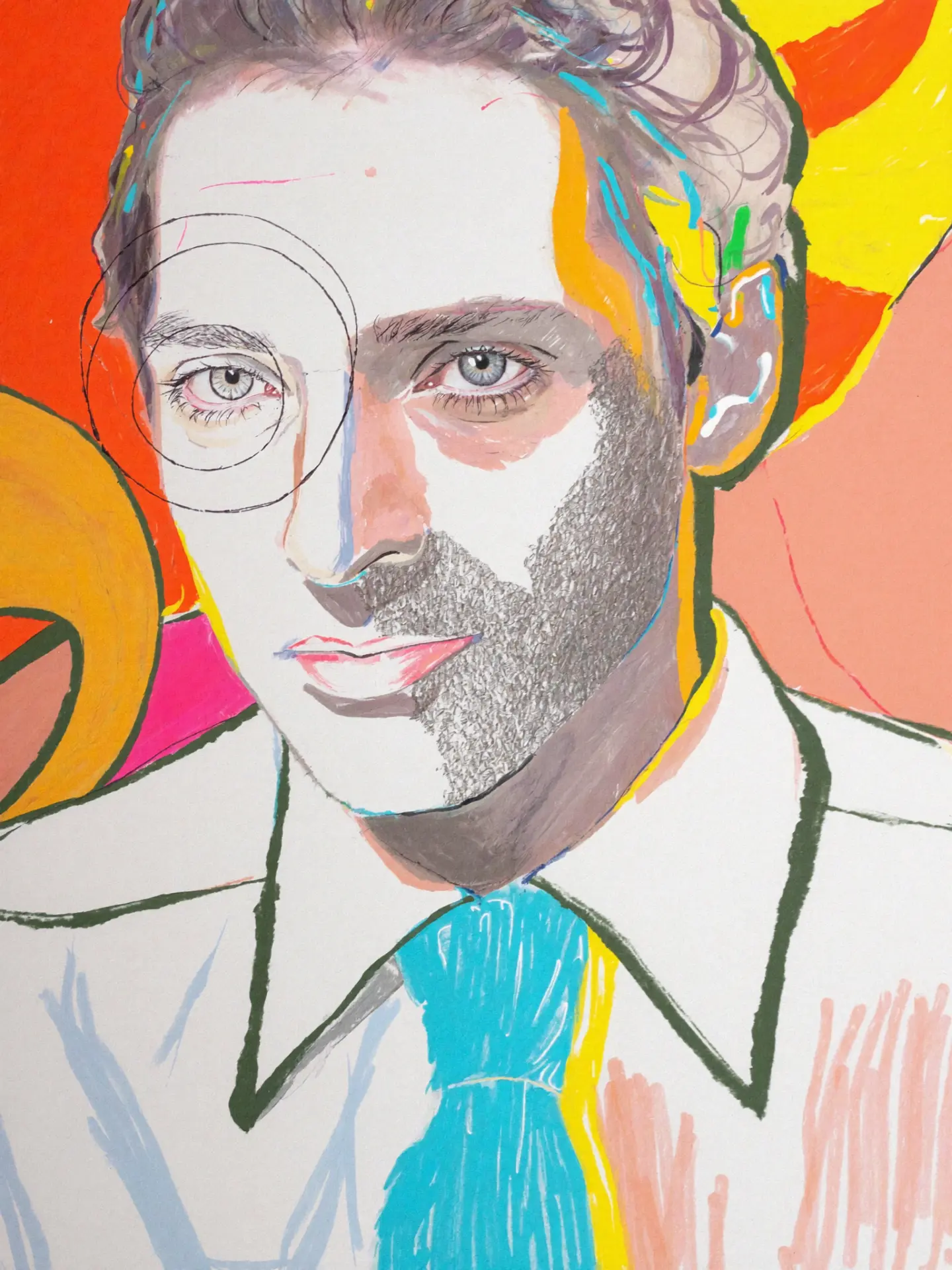 Hand-drawn portrait of Anders, 40, a Grove & Grain regular who listens to Krautrock
