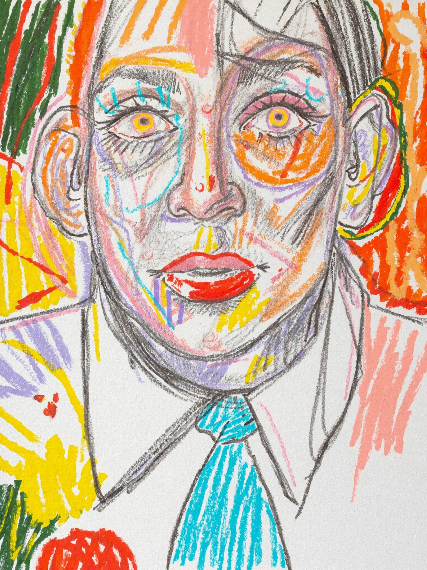 Oil pastel portrait of Bruno, 52, a Grove & Grain regular who listens to Free Improv