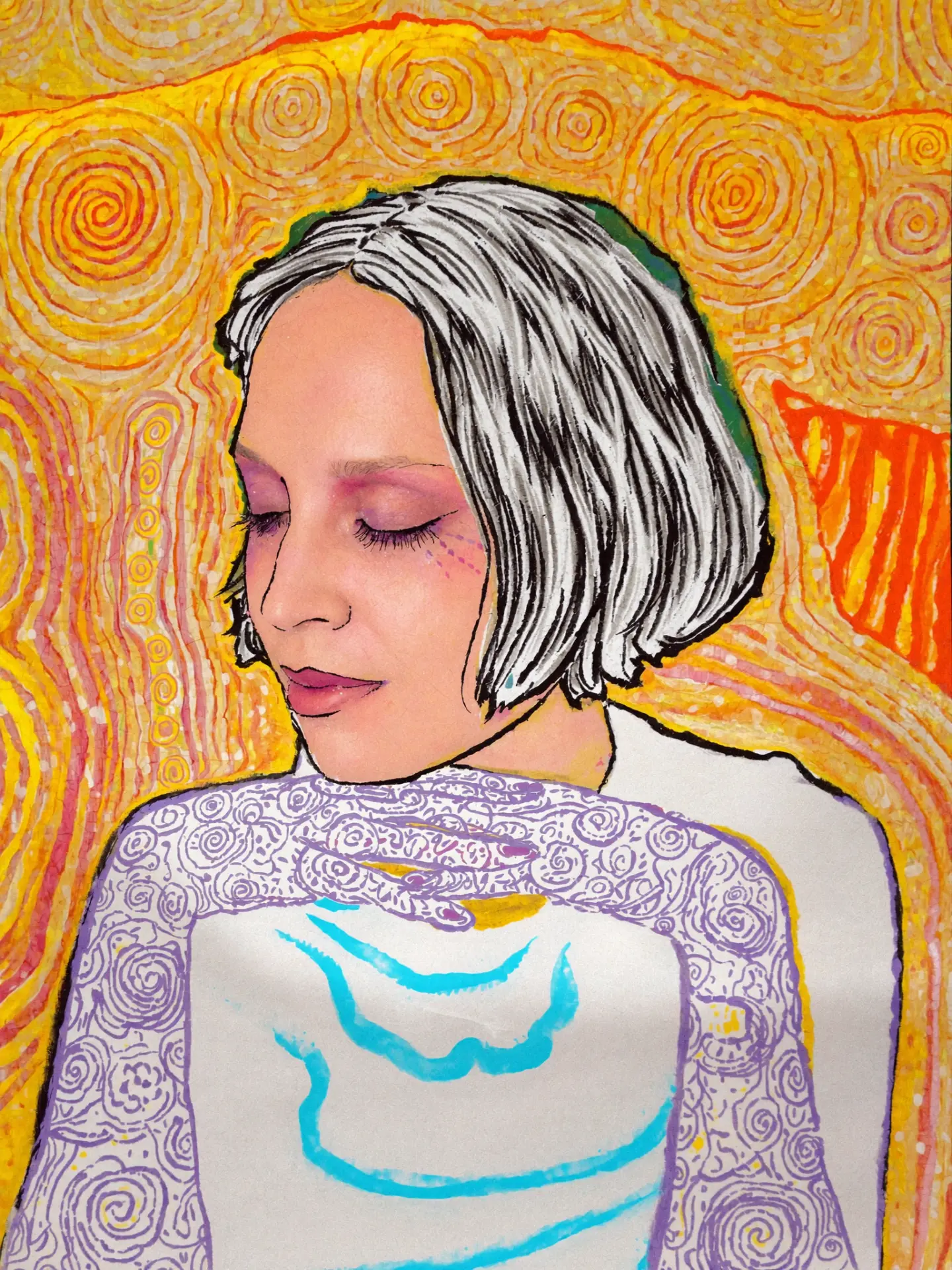 Hand-drawn portrait of Hana, 48, a Grove & Grain regular who listens to Gagaku & Drone
