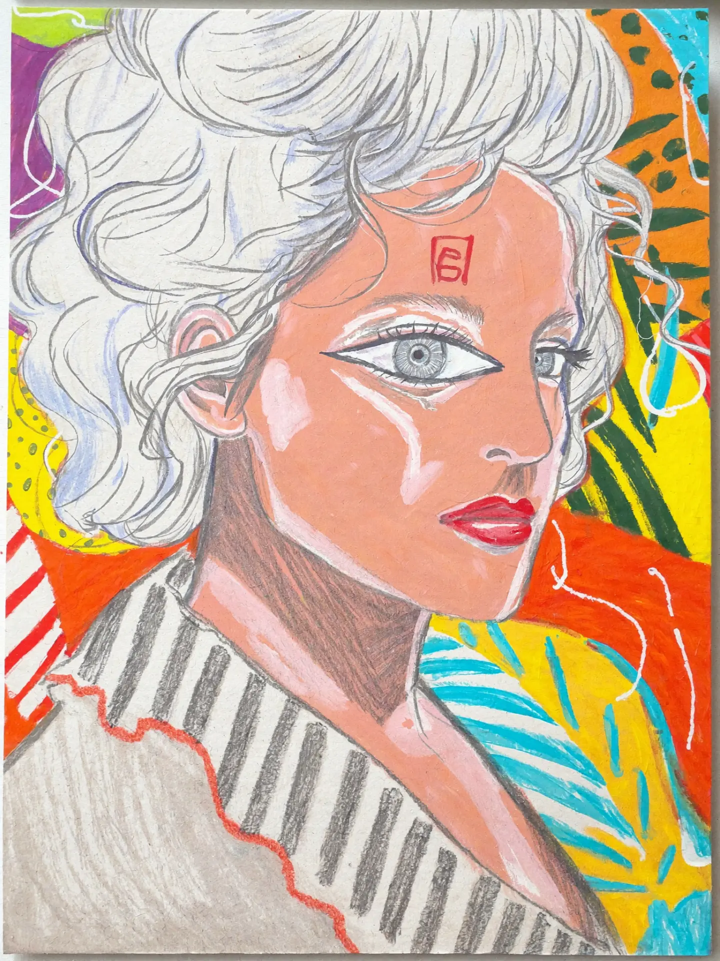 Oil pastel portrait of Otto, 61, a Grove & Grain regular who listens to Baroque & Bone